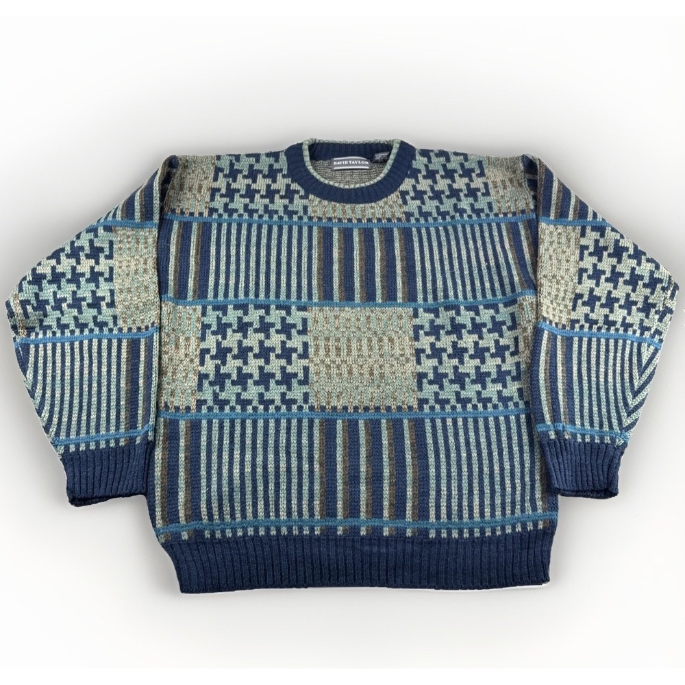 Vintage David Taylor Sweater Men M Geometric Crewneck Sweatshirt Preppy 90s READ